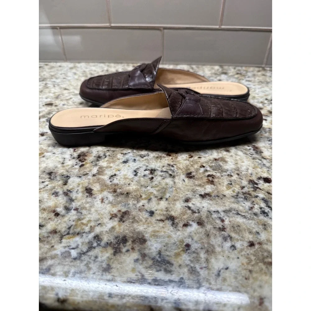 Maripe Jennifer Brown Leather Croc Embossed Mules Loafer Slides Womens 7.5 M - Picture 8 of 9